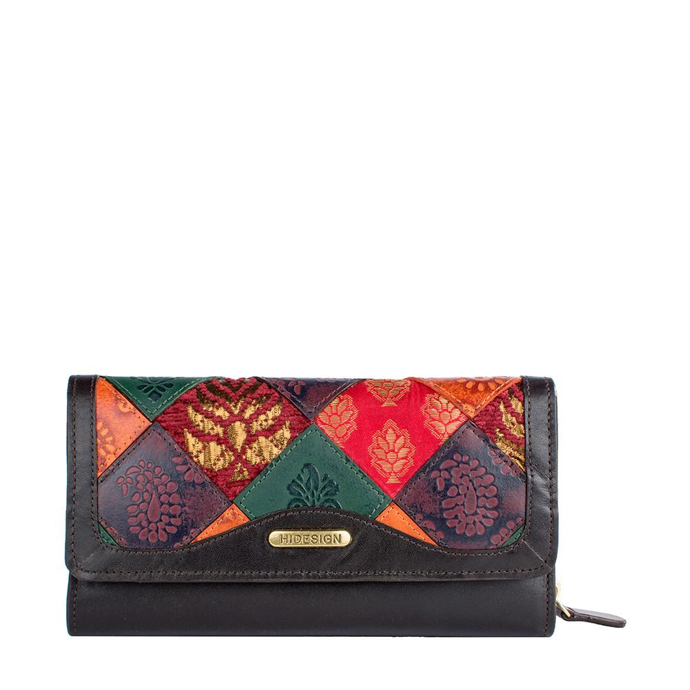 The Hidesign Baga RFID Blocking Trifold Leather Wallet offers a colorful patchwork design with red, green, and orange patterns.