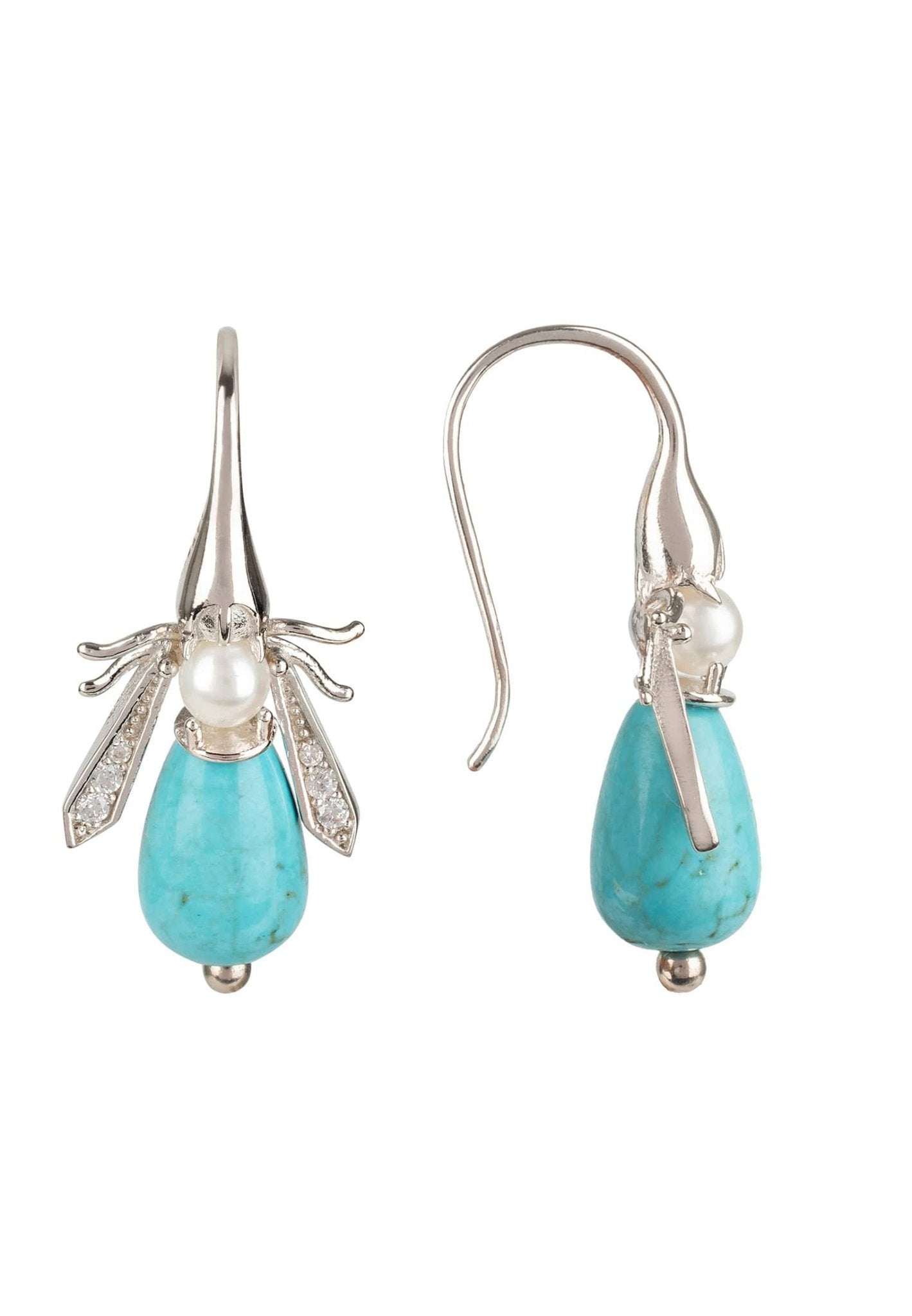 LATELITAs Turquoise Honey Bee Earrings feature a silver design with turquoise bodies and pearl accents.