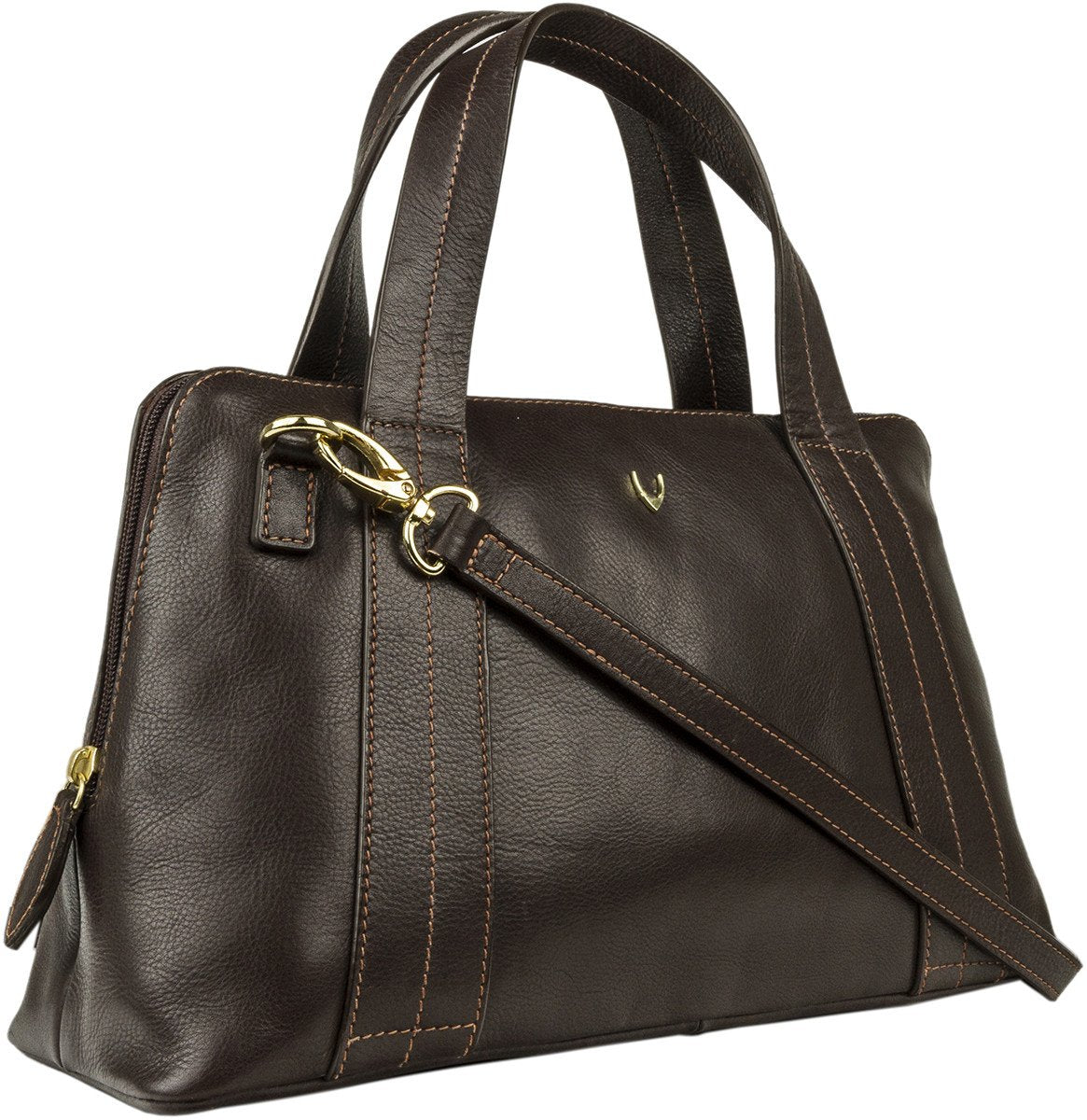 The Cerys Medium Leather Satchel by Hidesign is a red handbag with short handles and a detachable shoulder strap, featuring gold-tone hardware and a small gold emblem on the front.