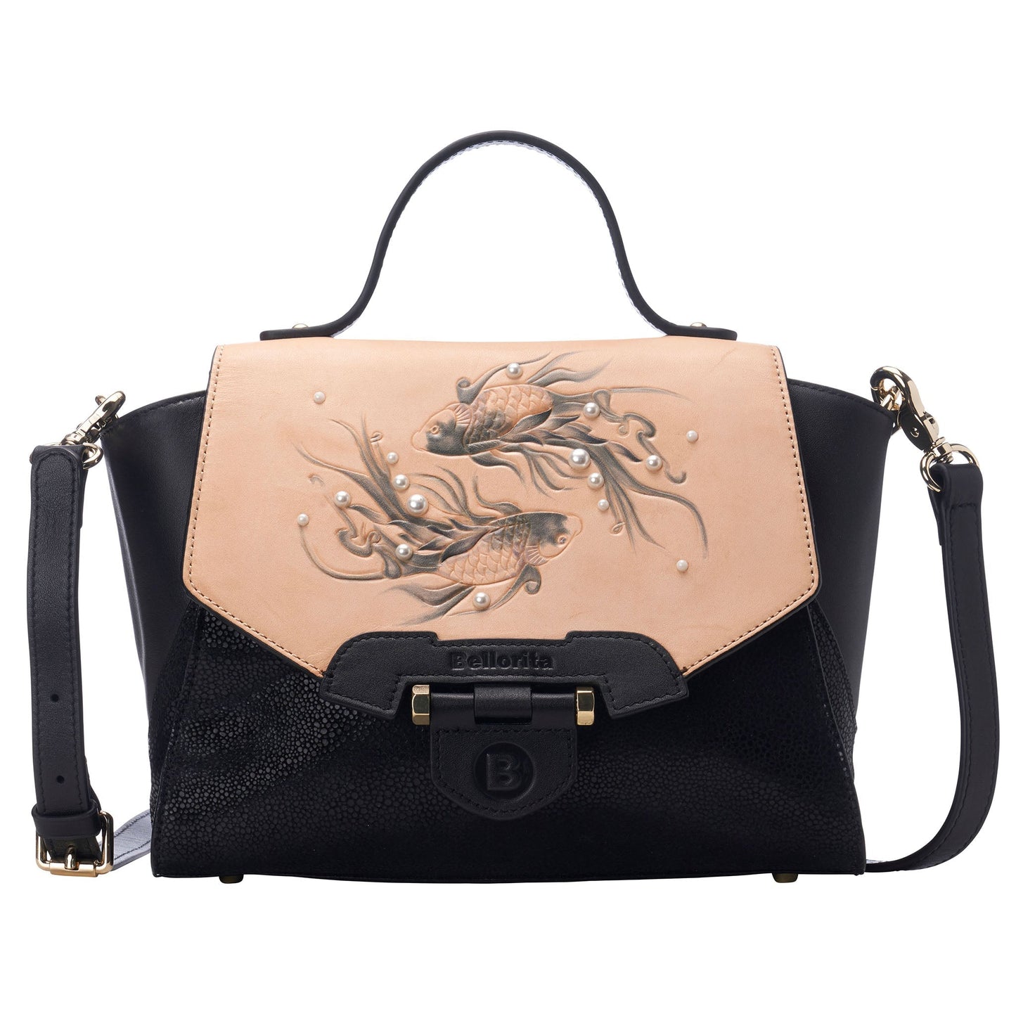 The Koi Small Black Satchel by Bellorita is a handbag with a black body, a tan flap adorned with fish designs, and decorative pearls.