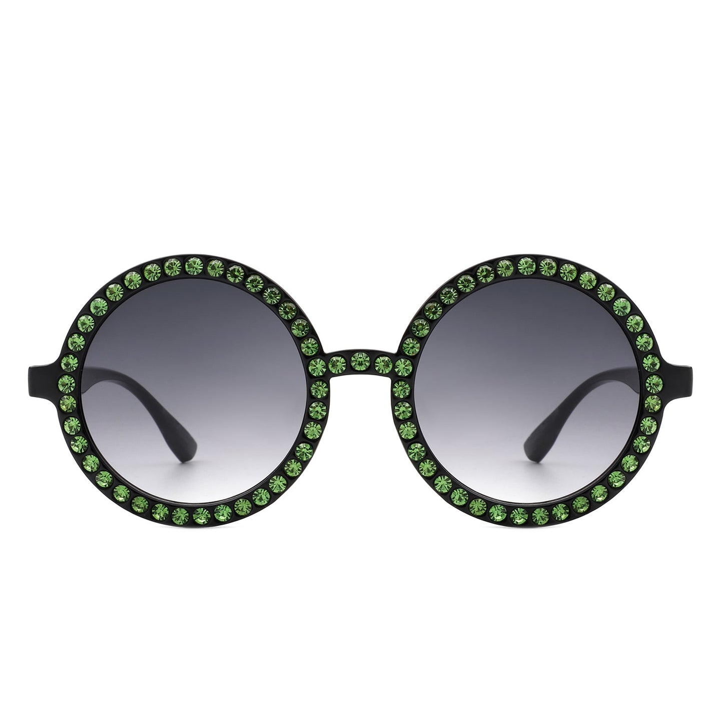Round sunglasses by Cramilo Eyewear, Dreamwey model, featuring rhinestone-studded white frames with dark lenses.