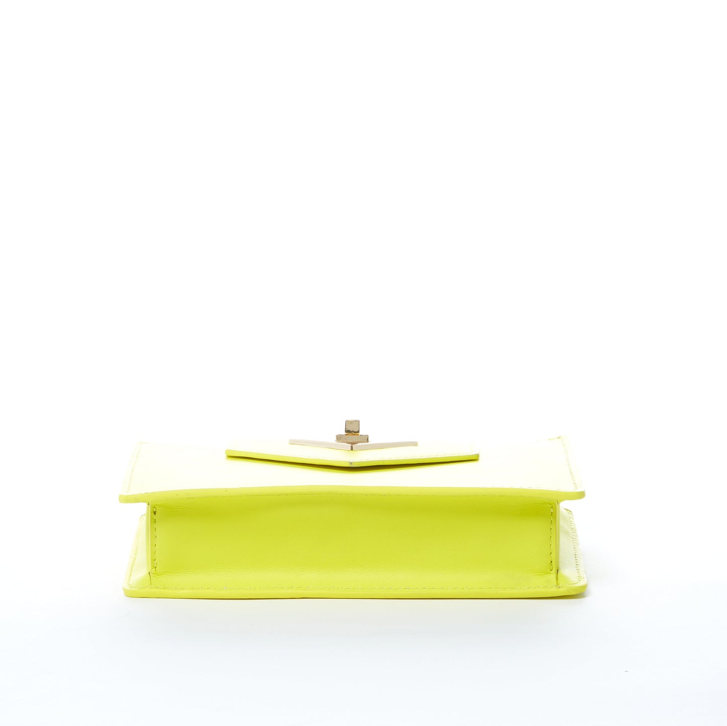 SUSUs Mary Bright Yellow Crossbody Leather Wristlet features a triangular gold clasp, flap closure, and detachable chain strap on a white background.