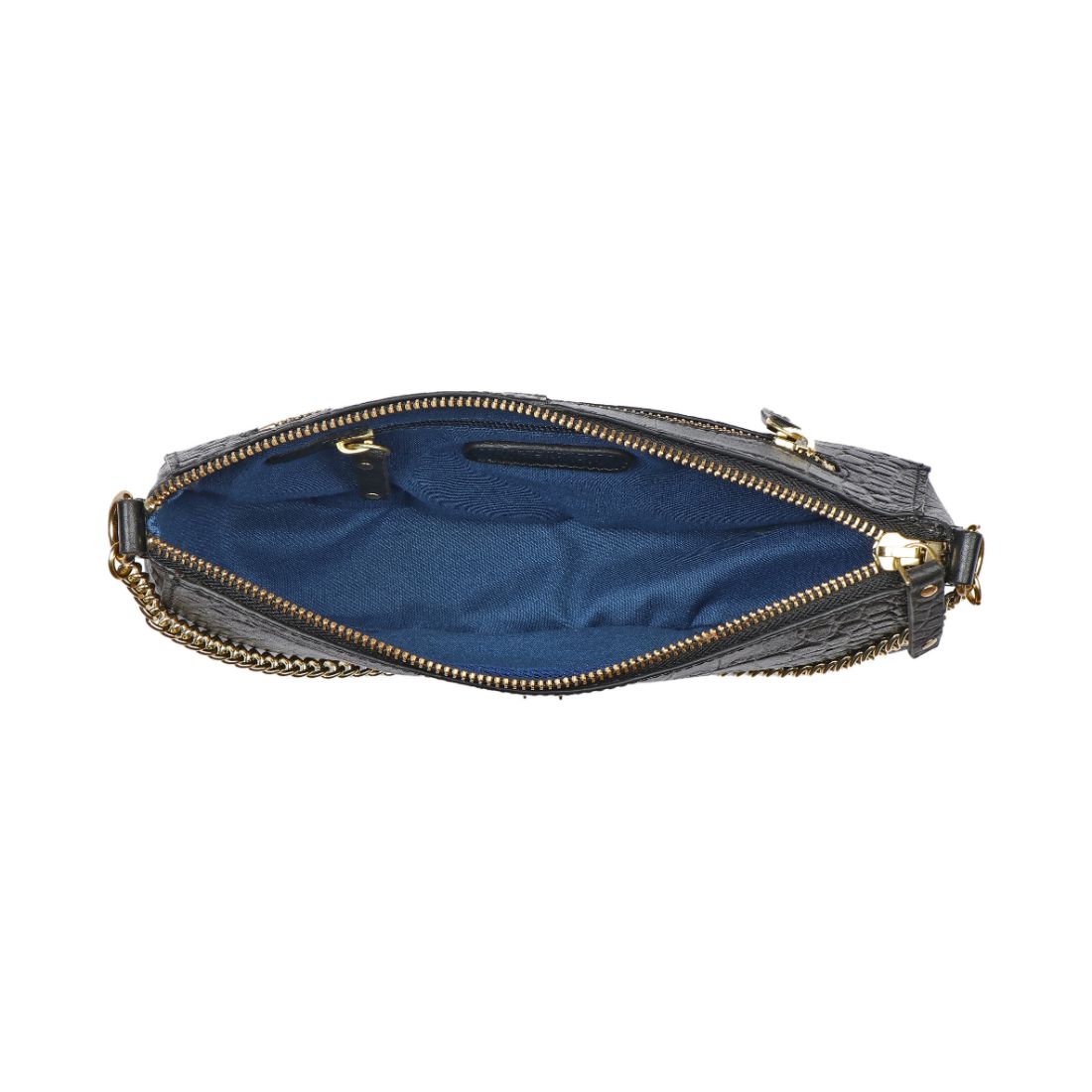 Hidesign Valerie black crocodile-textured handbag featuring a gold chain accent and single shoulder strap against a white background.