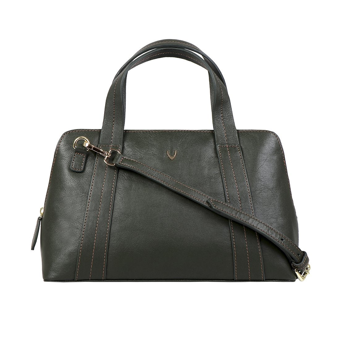 The Cerys Medium Leather Satchel by Hidesign is a red handbag with short handles and a detachable shoulder strap, featuring gold-tone hardware and a small gold emblem on the front.