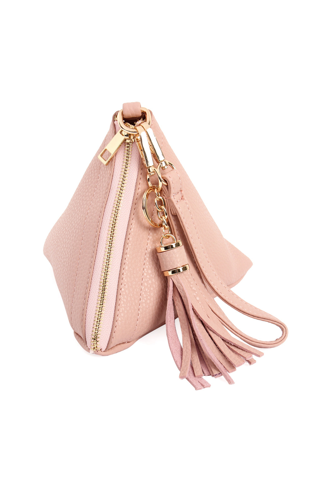 A person in a white shirt and jeans is holding the Riah Fashion Pyramid Shape Tassel Wristlet Leather Bag in orange.