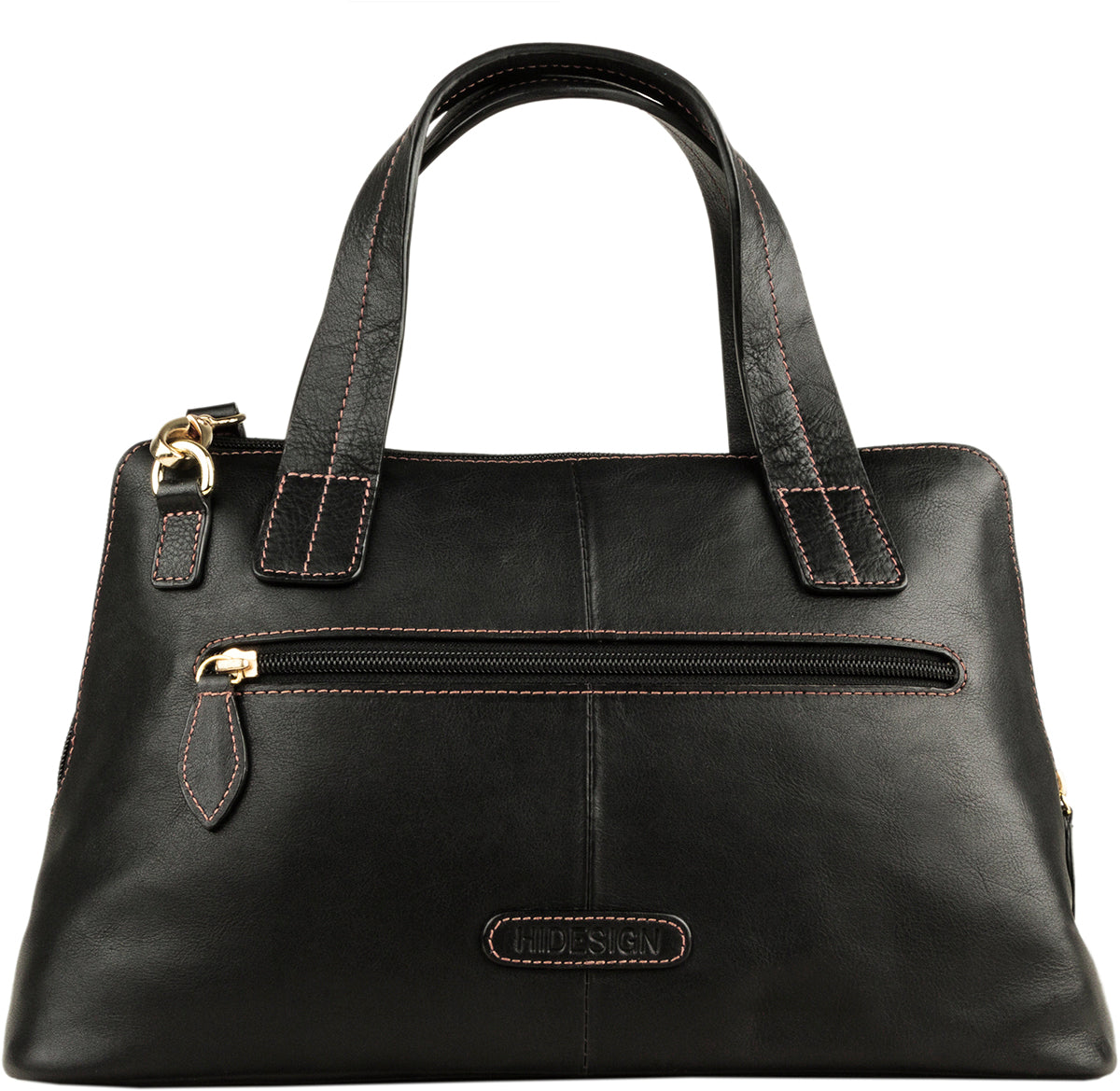The Hidesign Cerys Leather Satchel is a black handbag with brown stitching, gold hardware, two handles, and an adjustable shoulder strap.