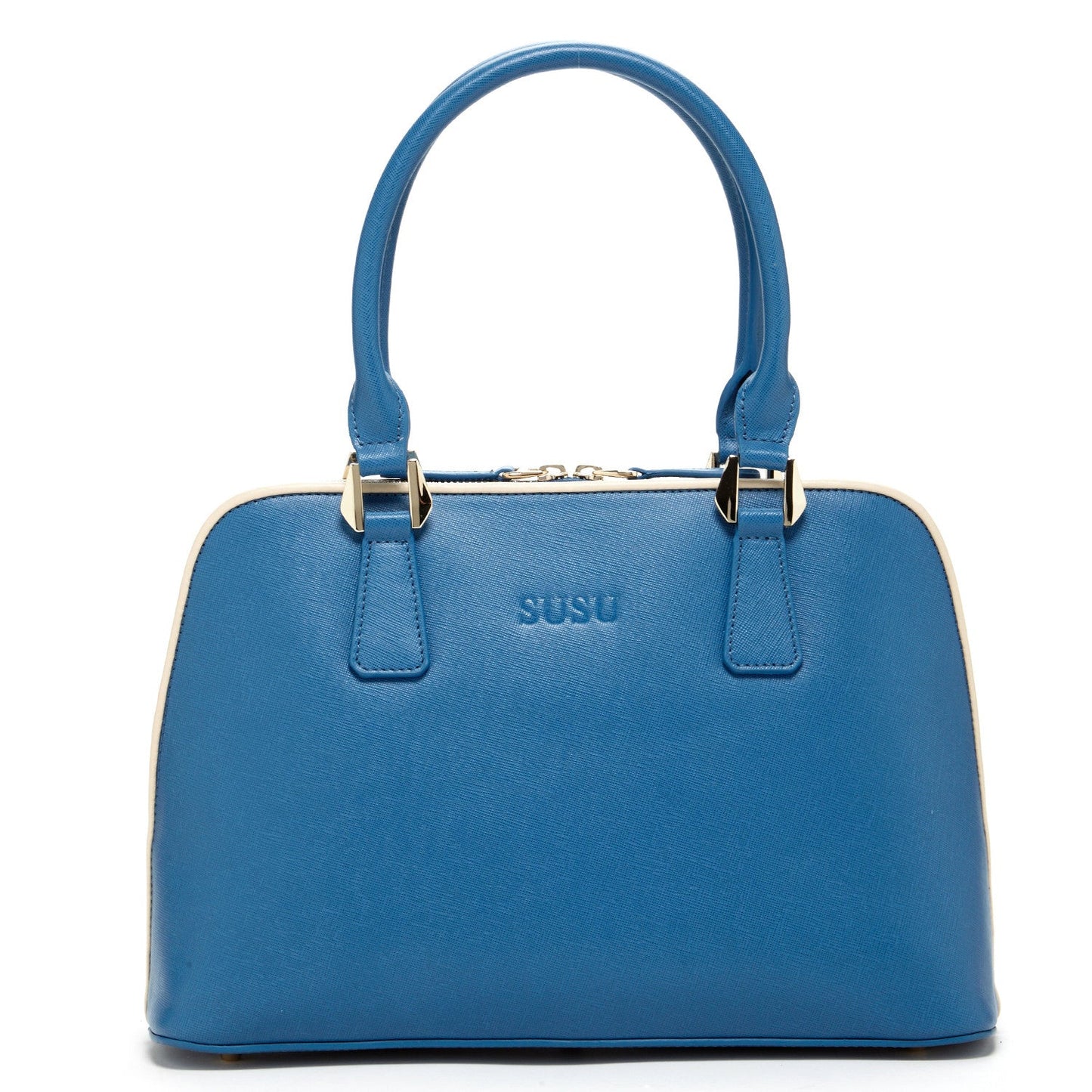 Melissa Blue Saffiano Leather Satchel Bag with two handles, zip closure, and SUSU embossed on the front.