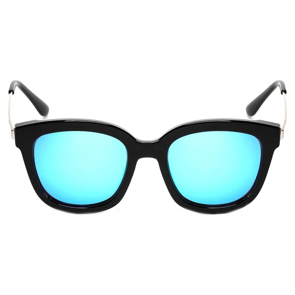 The DEKALB Womens Oversize sunglasses by Cramilo Eyewear feature floral rims, thin gold arms, and silver mirrored lenses.
