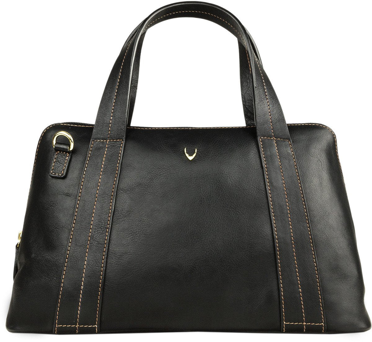 The Cerys Medium Leather Satchel by Hidesign is a red handbag with short handles and a detachable shoulder strap, featuring gold-tone hardware and a small gold emblem on the front.