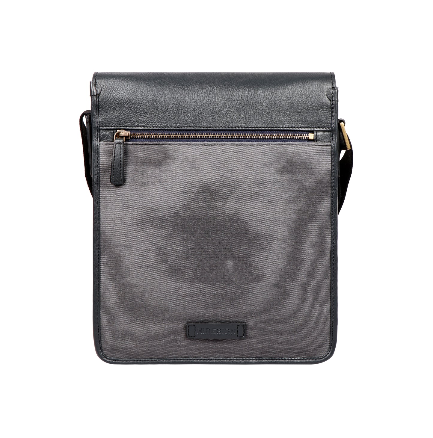 The Aiden Hidesign Blue Genuine Leather and Canvas Crossbody Bag features an adjustable strap and buckle, perfect for men or women as a shoulder, messenger, or travel bag that fits a 10.5 iPad.