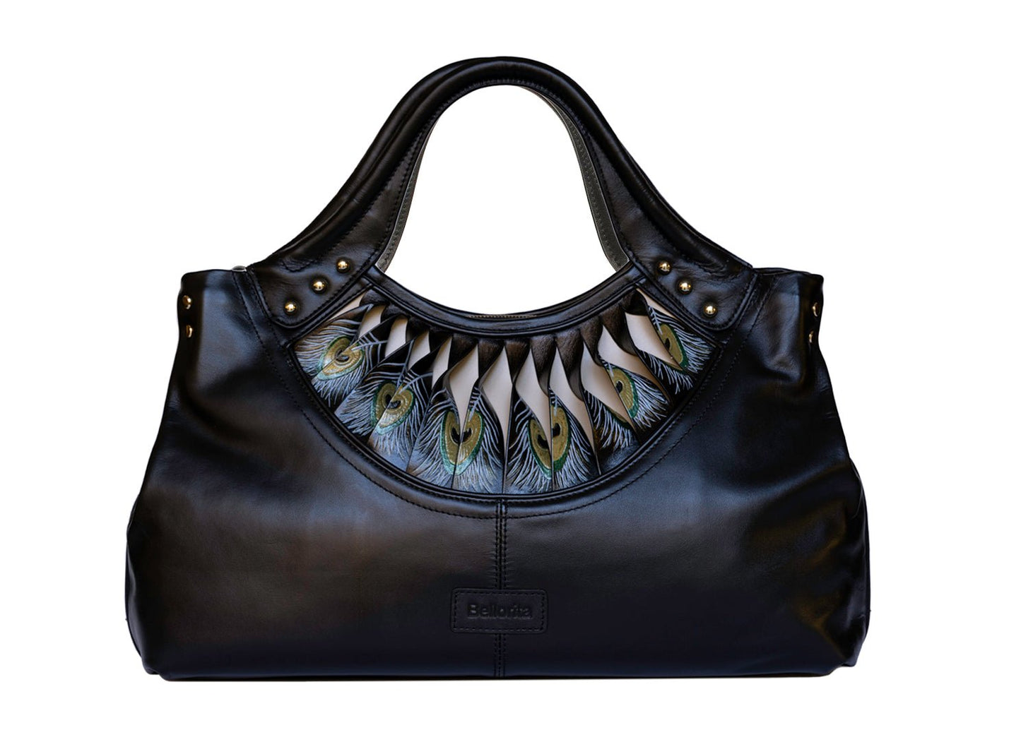 The Bellorita Feather Black Tote is a black leather handbag featuring a decorative peacock feather pattern near the handle, adorned with small metal studs.