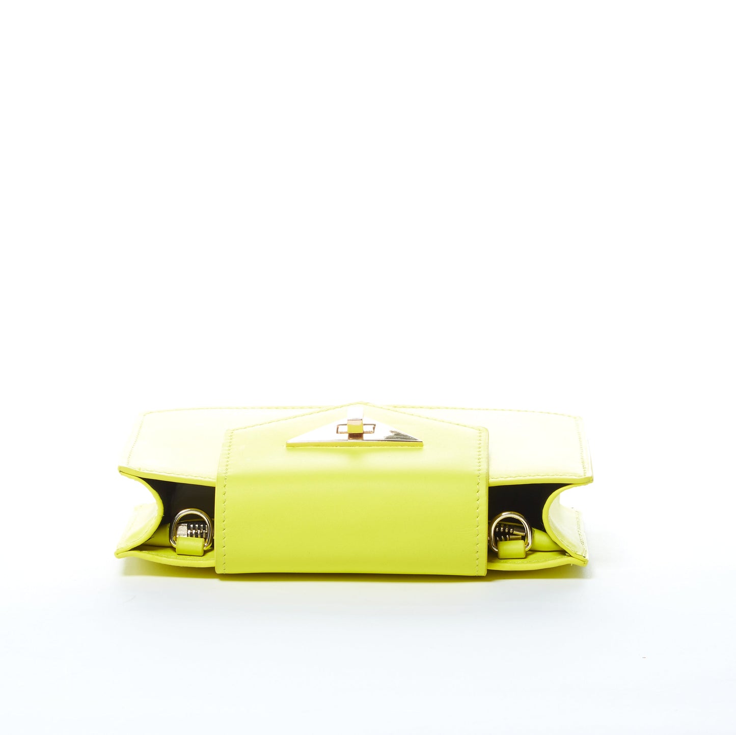 SUSUs Mary Bright Yellow Crossbody Leather Wristlet features a triangular gold clasp, flap closure, and detachable chain strap on a white background.