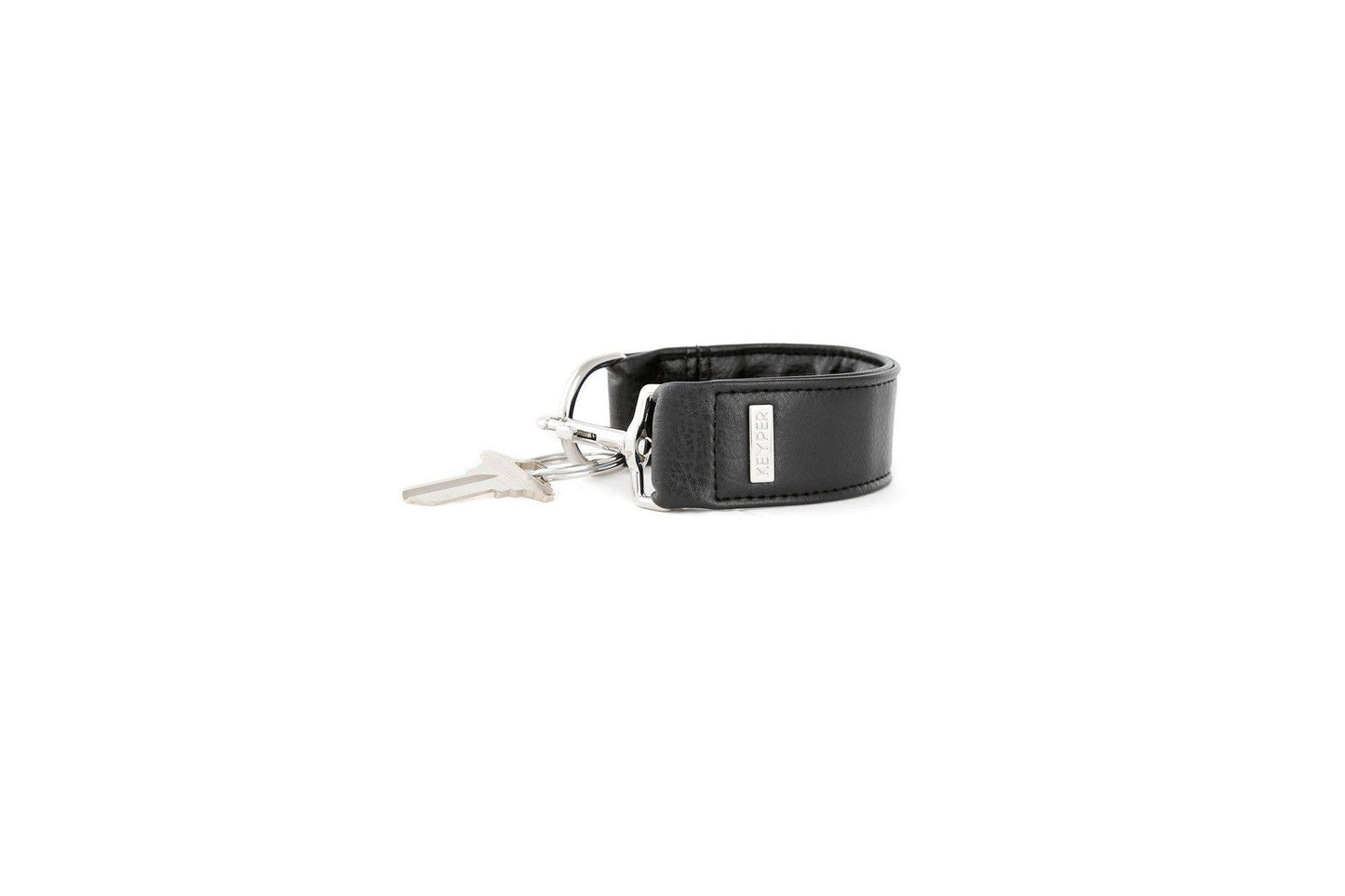 The Classic Black Vegan Leather KEYPER® Key Ring by KEYPER features a black leather wristband with a gold keyring that holds two keys.