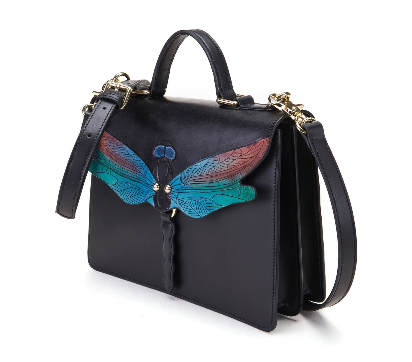 The Bellorita Dragonfly Black Top Handle features a vibrant dragonfly design on the front, adorned with red and teal wings.
