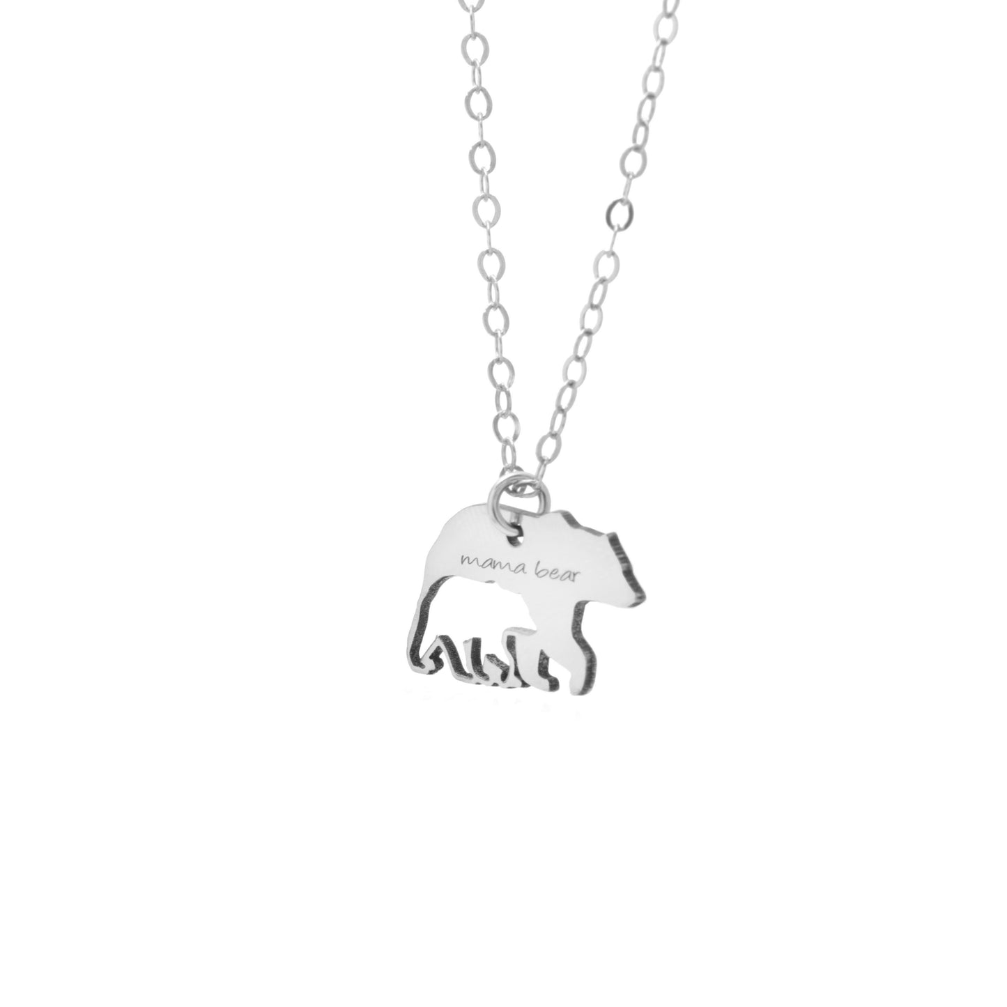 The Mama Bear and Cub Necklace by Sincerely Silver is a silver piece with a bear-shaped pendant featuring three cubs and inscribed with mama bear.