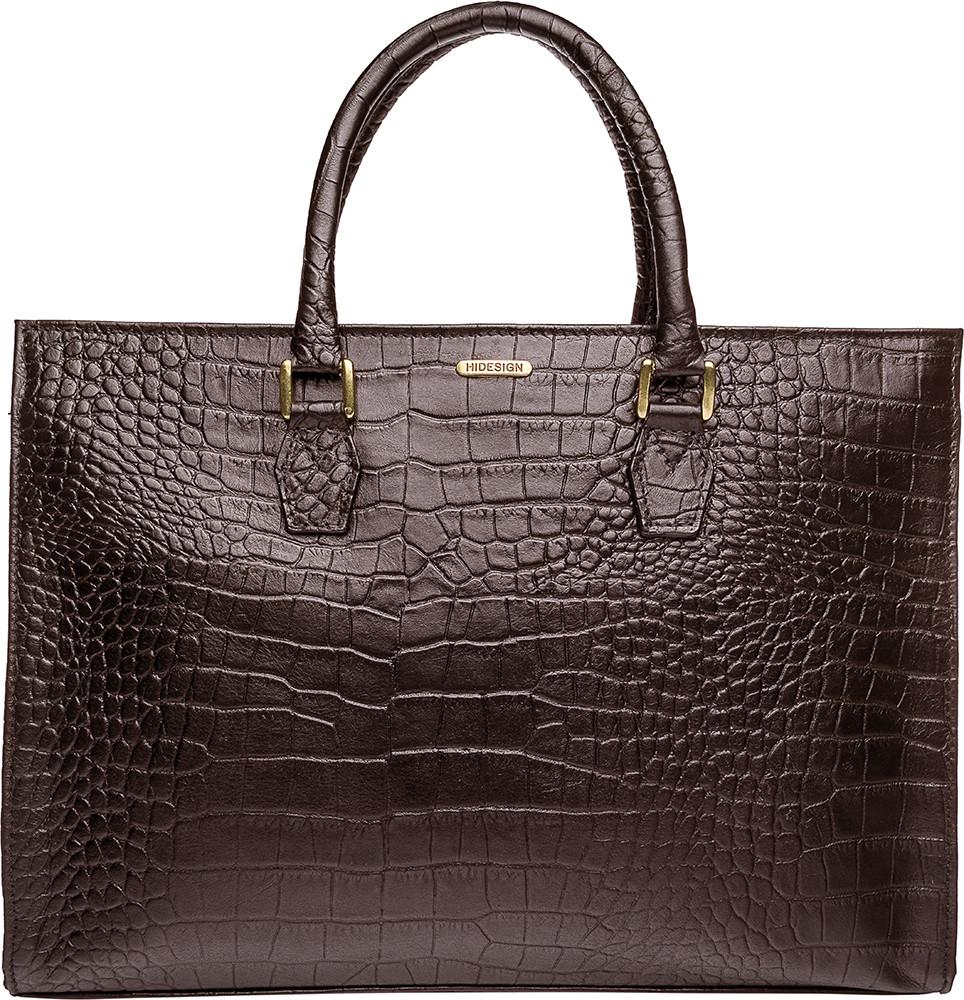 The Kester Elegant Womens Leather Work Bag by Hidesign is a dark brown crocodile-patterned handbag featuring two handles and gold-tone hardware.