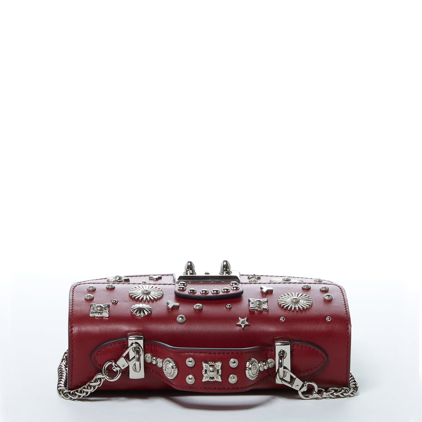 Burgundy leather handbag with silver studs, a short handle, and chain shoulder strap, featuring a SUSU engraved metal clasp.