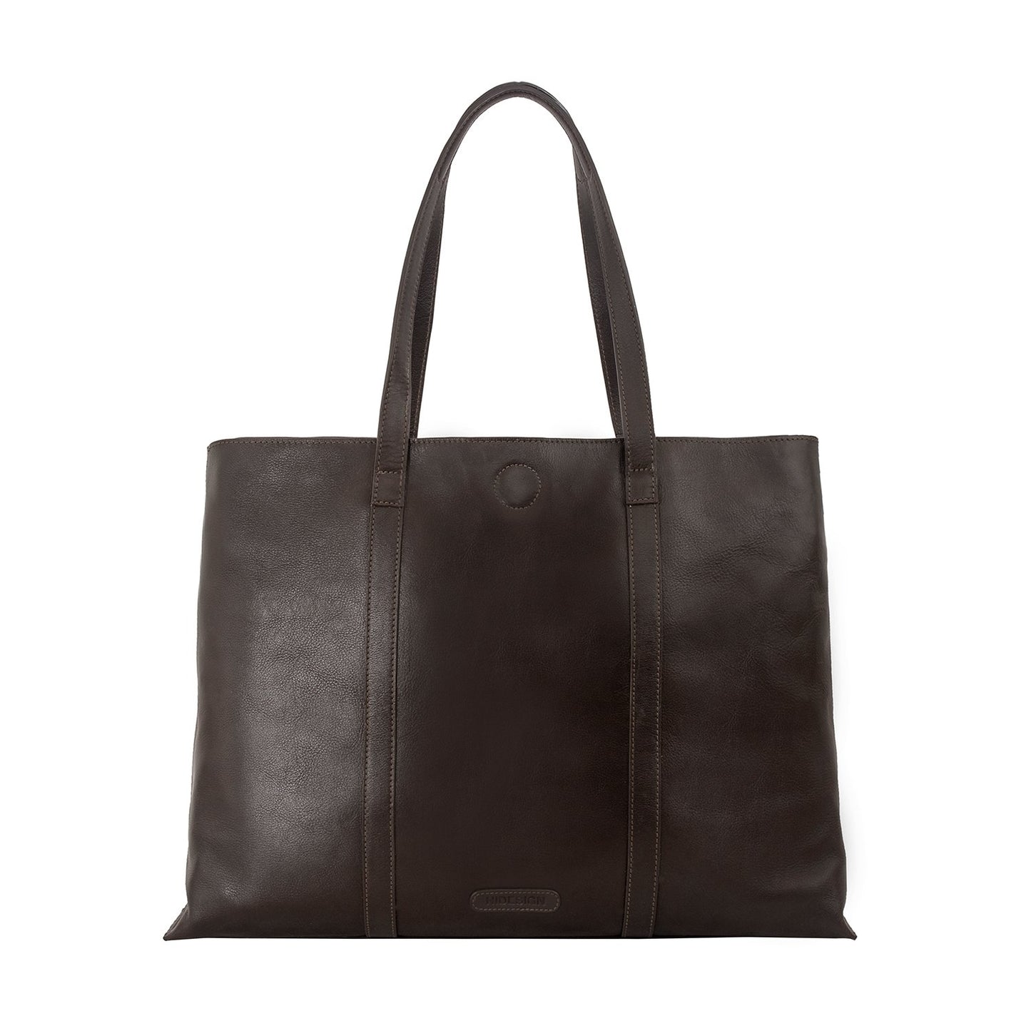 The Nancy Large Leather Tote by Hidesign is a sleek black leather bag with two handles.