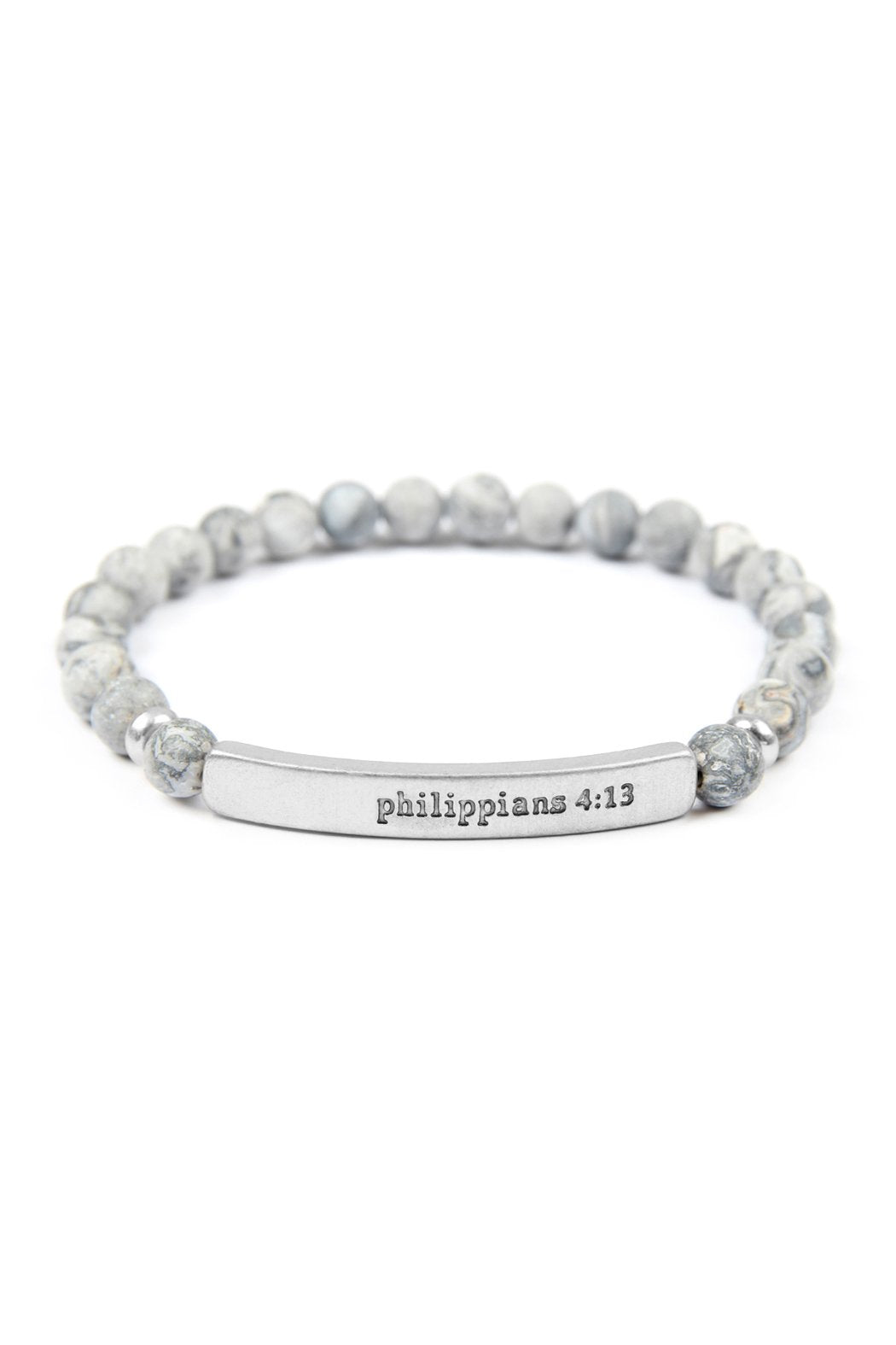 The Philippians 4:13 Natural Stone Stretch Bracelet by Riah Fashion features marble-like beads and a gold-tone bar engraved with Philippians 4:13. Color: Gold Gray.