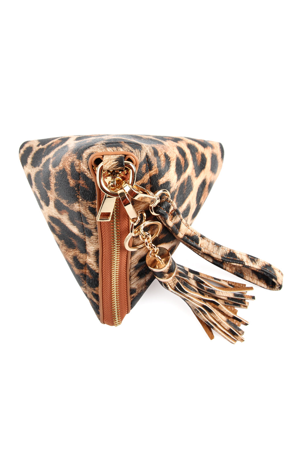 A person in a white shirt and jeans is holding the Riah Fashion Pyramid Shape Tassel Wristlet Leather Bag in orange.