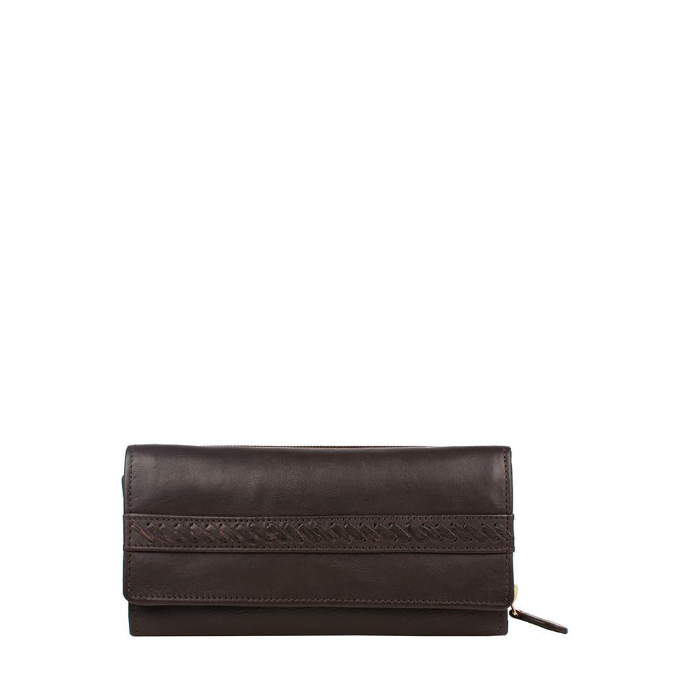 The Mina RFID Blocking Trifold Leather Wallet by Hidesign is a dark brown accessory featuring a textured strap on the front and a zippered compartment at the bottom.