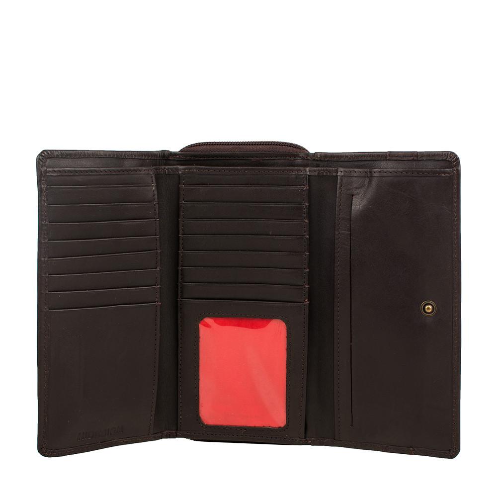 The Mina RFID Blocking Trifold Leather Wallet by Hidesign is a dark brown accessory featuring a textured strap on the front and a zippered compartment at the bottom.