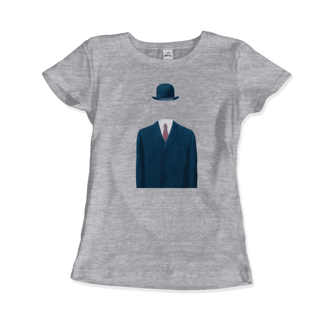 The Art-O-Rama Shops Rene Magritte Man in a Bowler Hat, 1964 Artwork t-shirt in silver features an illustration of a blue suit, tie, and bowler hat with no visible head or body beneath the clothing.