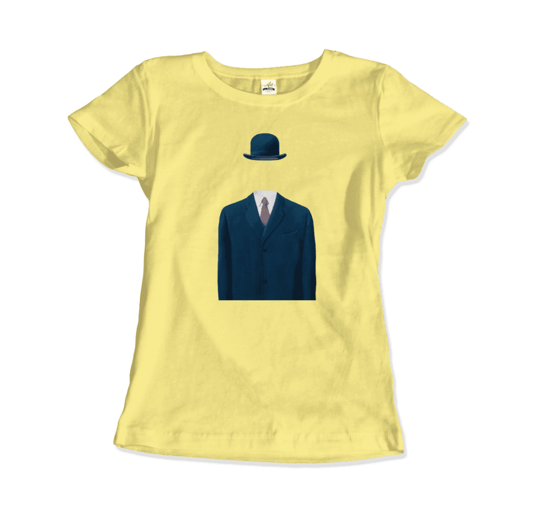 The Art-O-Rama Shops Rene Magritte Man in a Bowler Hat, 1964 Artwork t-shirt in silver features an illustration of a blue suit, tie, and bowler hat with no visible head or body beneath the clothing.