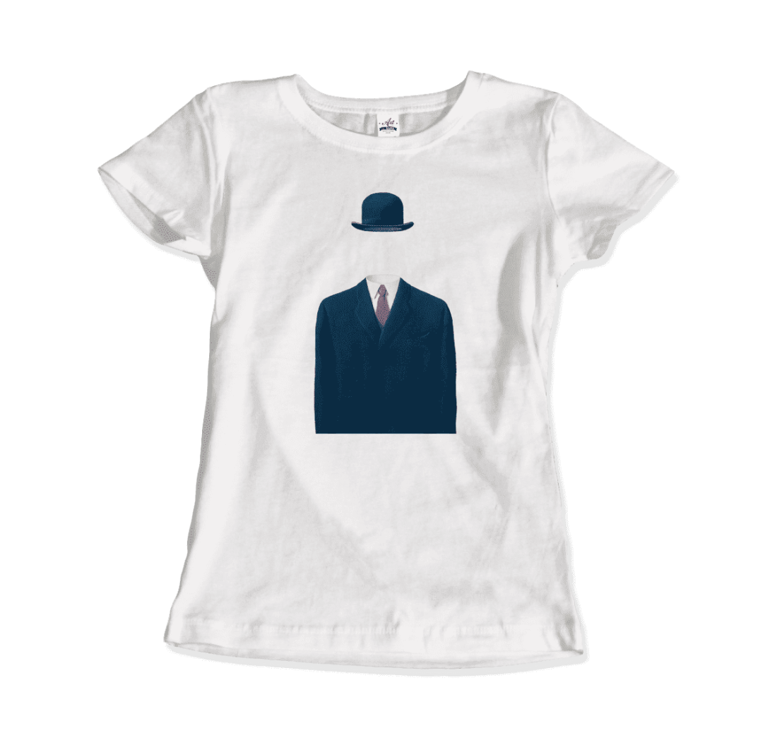 The Art-O-Rama Shops Rene Magritte Man in a Bowler Hat, 1964 Artwork t-shirt in silver features an illustration of a blue suit, tie, and bowler hat with no visible head or body beneath the clothing.