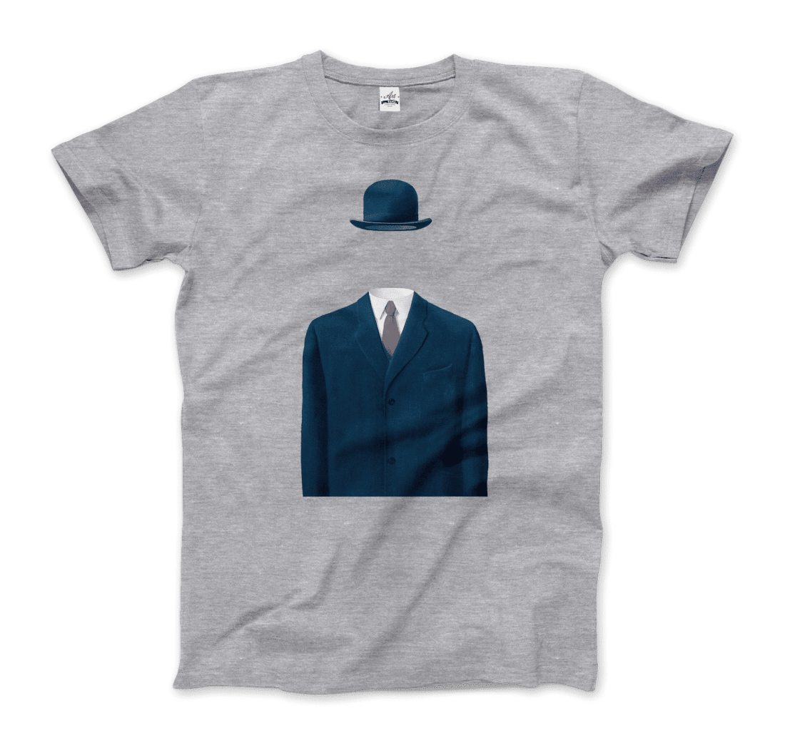 The Art-O-Rama Shops Rene Magritte Man in a Bowler Hat, 1964 Artwork t-shirt in silver features an illustration of a blue suit, tie, and bowler hat with no visible head or body beneath the clothing.
