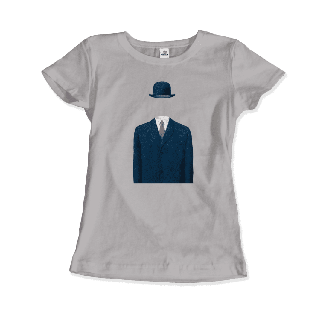 The Art-O-Rama Shops Rene Magritte Man in a Bowler Hat, 1964 Artwork t-shirt in silver features an illustration of a blue suit, tie, and bowler hat with no visible head or body beneath the clothing.