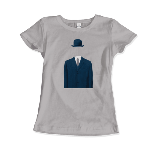 The Art-O-Rama Shops Rene Magritte Man in a Bowler Hat, 1964 Artwork t-shirt in silver features an illustration of a blue suit, tie, and bowler hat with no visible head or body beneath the clothing.