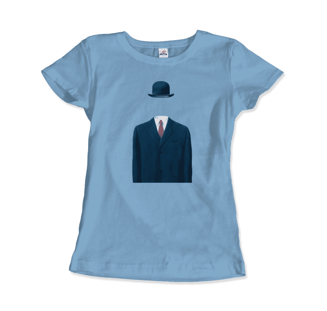 The Art-O-Rama Shops Rene Magritte Man in a Bowler Hat, 1964 Artwork t-shirt in silver features an illustration of a blue suit, tie, and bowler hat with no visible head or body beneath the clothing.