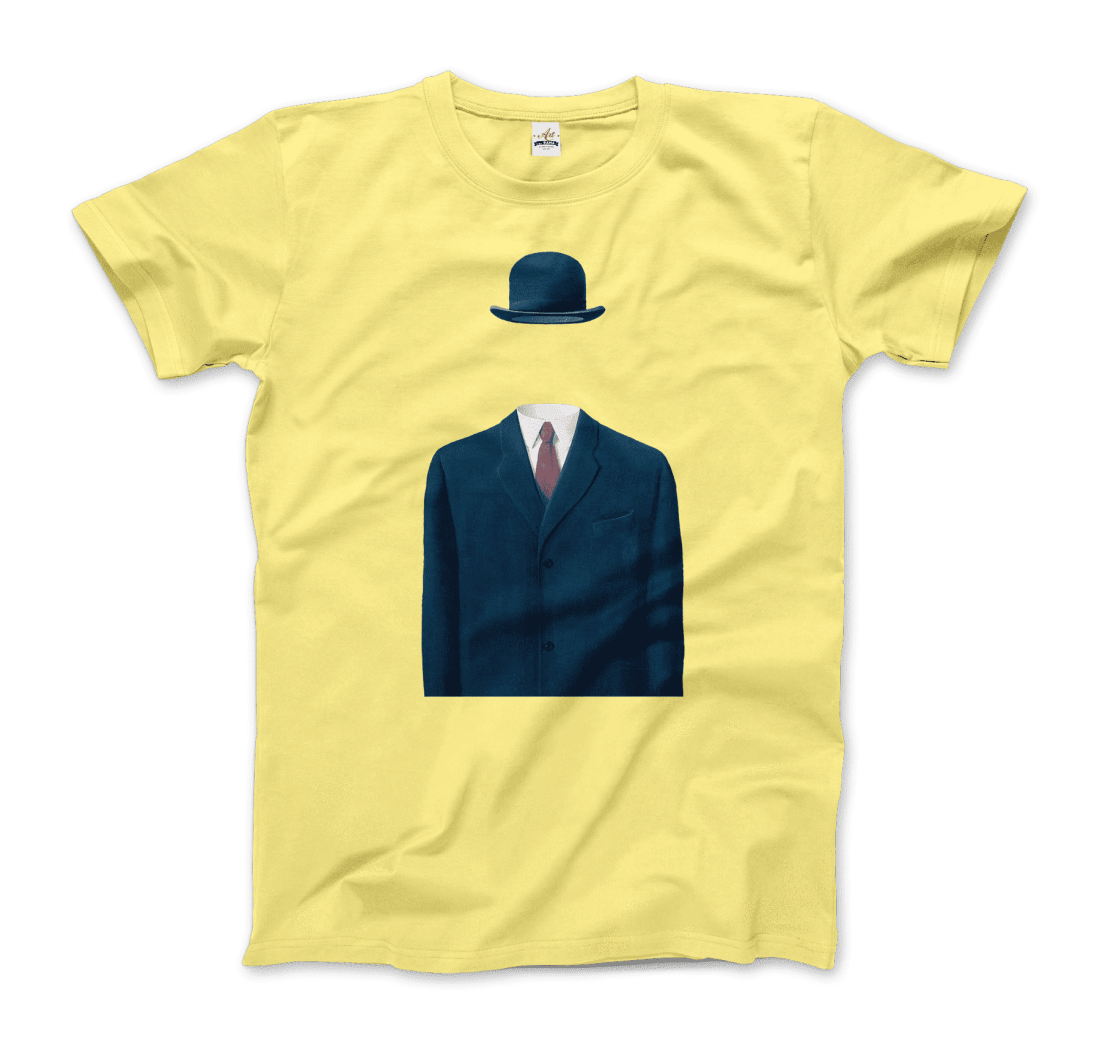 The Art-O-Rama Shops Rene Magritte Man in a Bowler Hat, 1964 Artwork t-shirt in silver features an illustration of a blue suit, tie, and bowler hat with no visible head or body beneath the clothing.