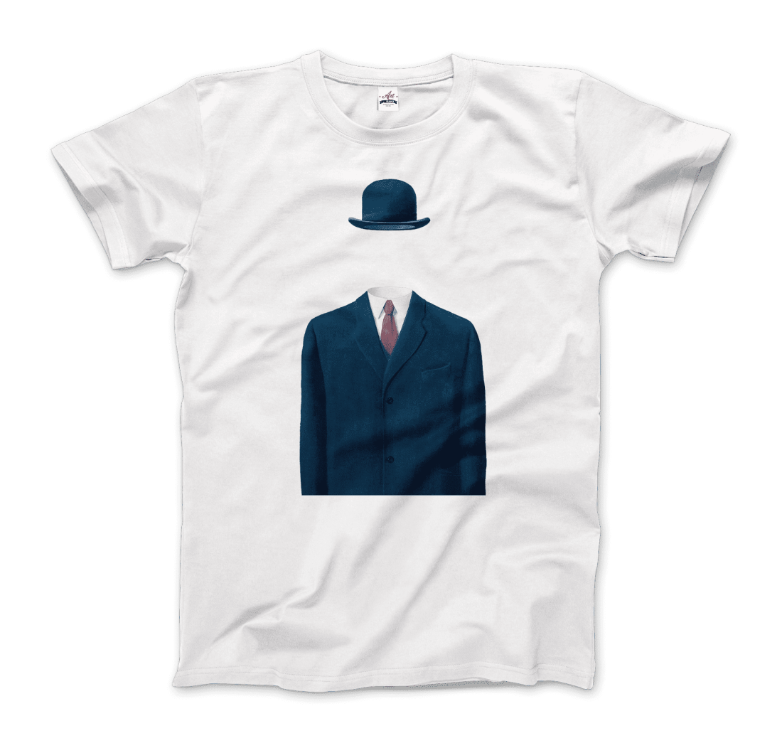 The Art-O-Rama Shops Rene Magritte Man in a Bowler Hat, 1964 Artwork t-shirt in silver features an illustration of a blue suit, tie, and bowler hat with no visible head or body beneath the clothing.