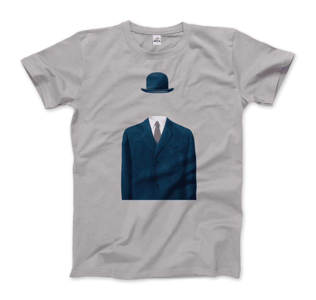 The Art-O-Rama Shops Rene Magritte Man in a Bowler Hat, 1964 Artwork t-shirt in silver features an illustration of a blue suit, tie, and bowler hat with no visible head or body beneath the clothing.