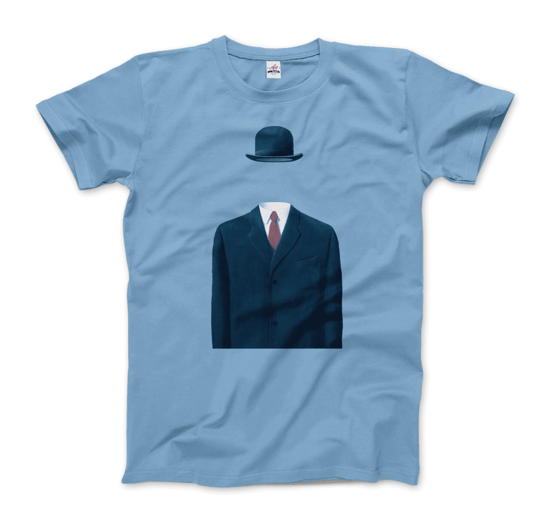 The Art-O-Rama Shops Rene Magritte Man in a Bowler Hat, 1964 Artwork t-shirt in silver features an illustration of a blue suit, tie, and bowler hat with no visible head or body beneath the clothing.