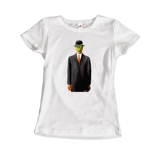 Art-O-Rama Shop’s white Rene Magritte The Son of Man, 1964 Artwork T-Shirt features the iconic suited man with a green apple from Magritte’s famous painting.