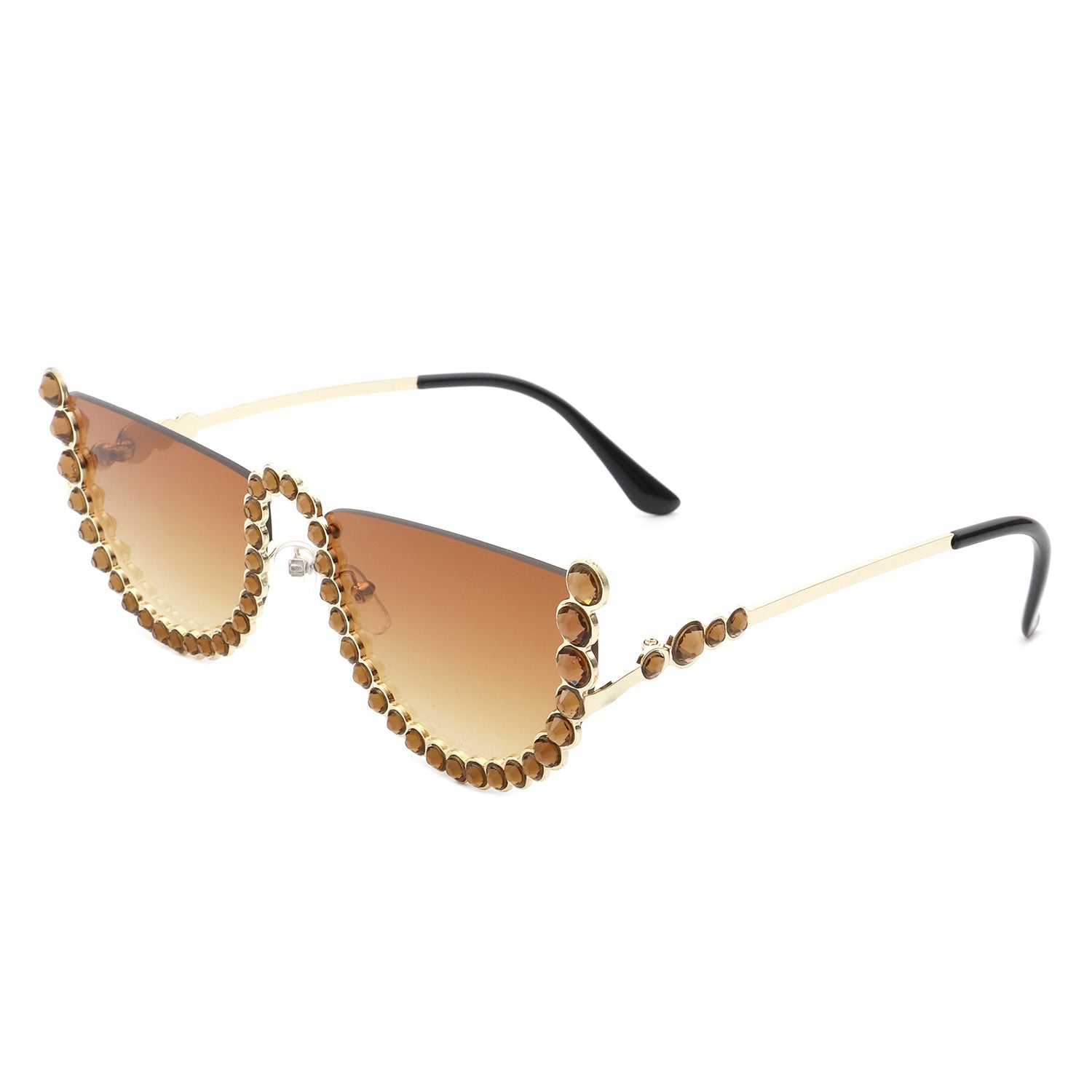 The Florinda Women Half Frame Rhinestone Round Fashion Sunglasses by Cramilo Eyewear feature rhinestones on the frame and temples, available in a golden color.