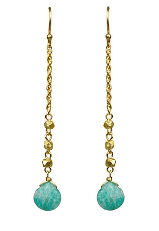 Gena Myints Amazonite Linear Drop Earrings feature gold chains adorned with blue-green gemstones.