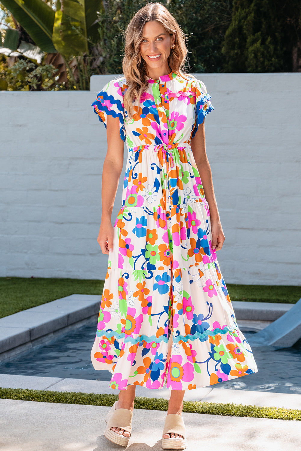 Alena Ricrac Trim Flutter Sleeve Buttoned Floral Maxi Dress