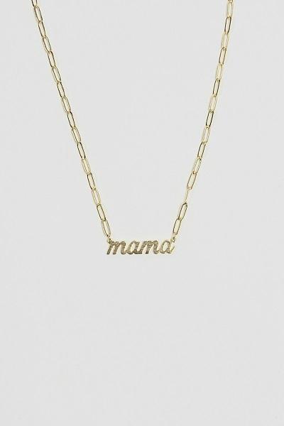 The Mama Link Chain Necklace by Ellison + Young features a gold chain with mama in cursive at the center.