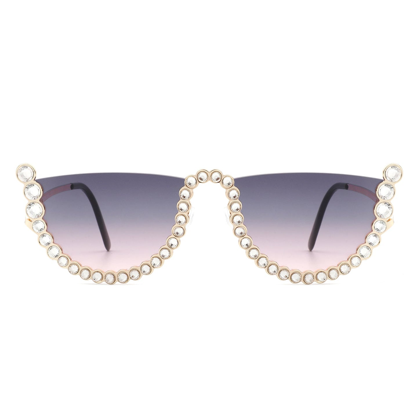 The Florinda Women Half Frame Rhinestone Round Fashion Sunglasses by Cramilo Eyewear feature rhinestones on the frame and temples, available in a golden color.