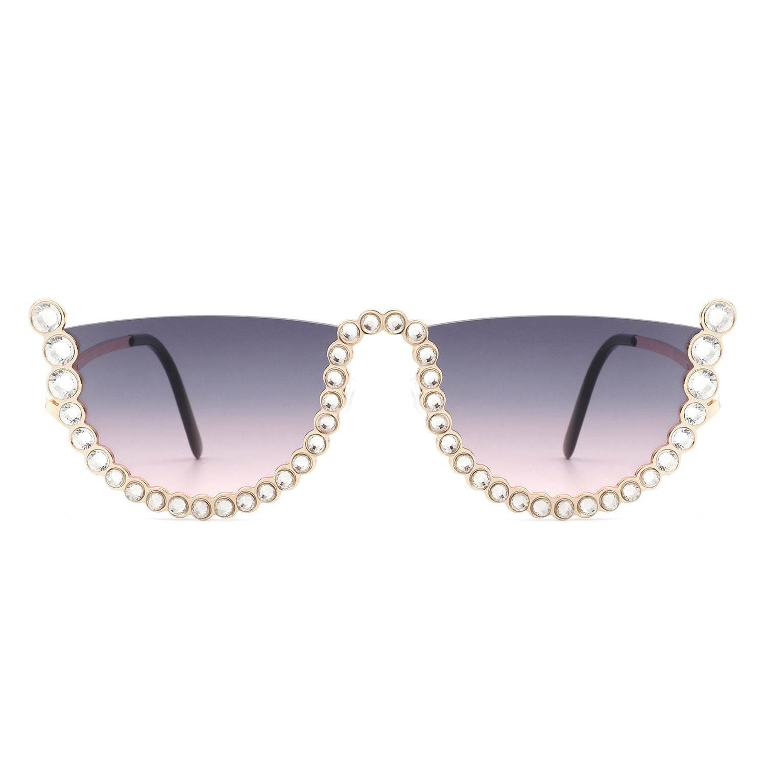 The Florinda Women Half Frame Rhinestone Round Fashion Sunglasses by Cramilo Eyewear feature rhinestones on the frame and temples, available in a golden color.