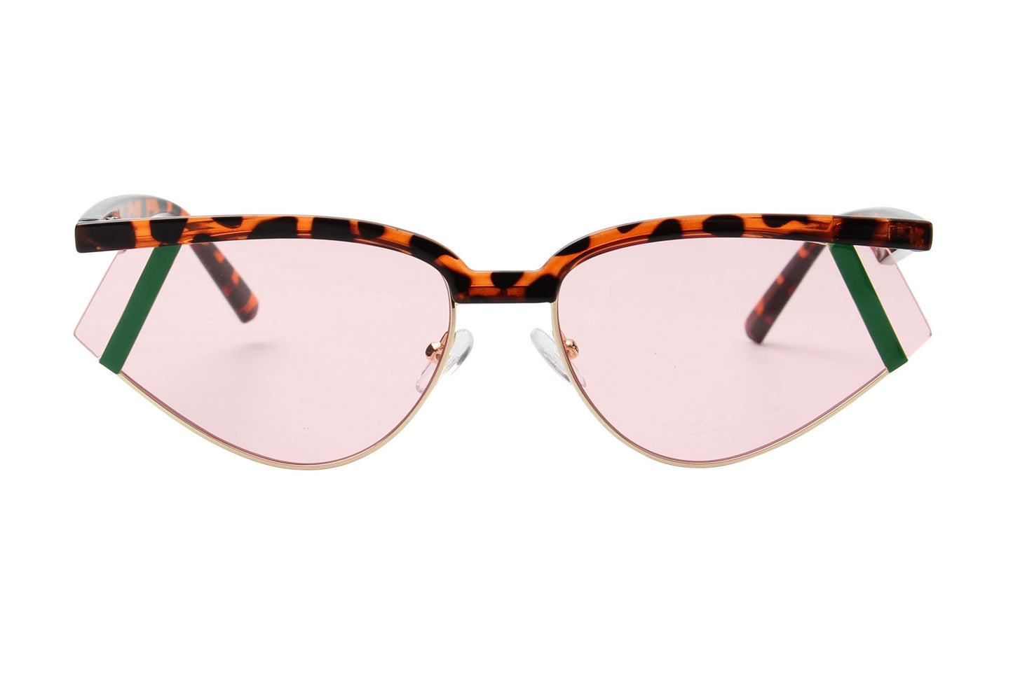 Cramilo Eyewears Laramie sunglasses feature a futuristic rectangle design with pink lenses and angular frames, accented by green corners.