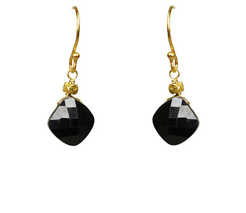 Gena Myints Black Spinel Drop Earrings with gold hooks.