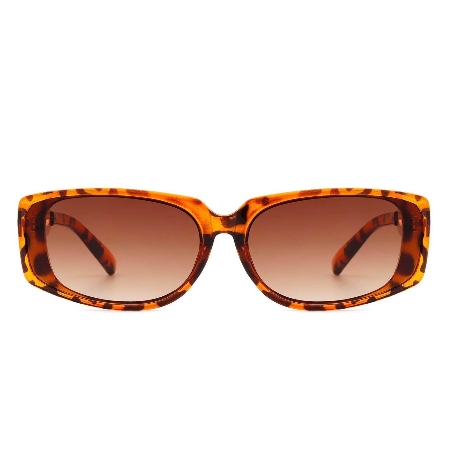 Helixian by Cramilo Eyewear: Chic tortoise-shell rectangle sunglasses for women, featuring chain-link gold accents and brown gradient lenses.