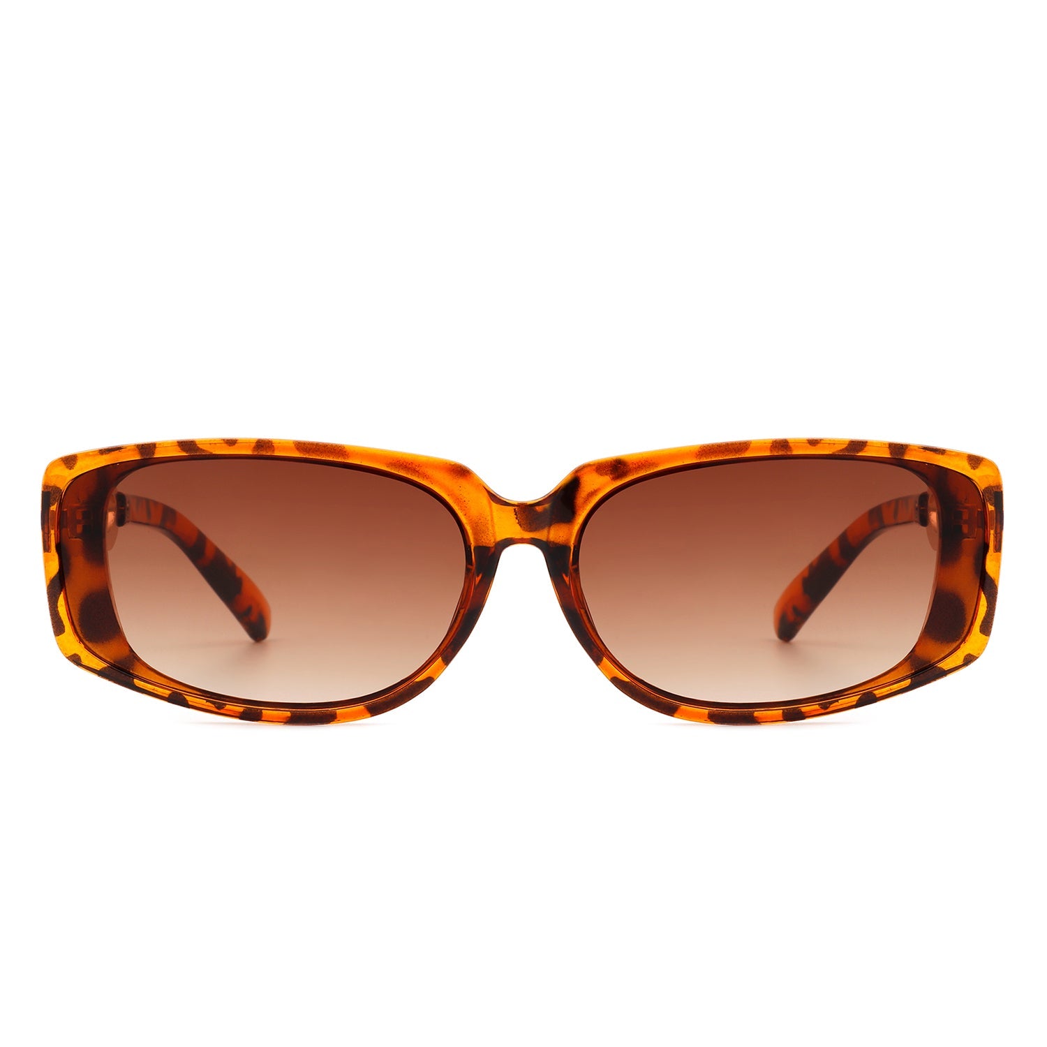 Helixian by Cramilo Eyewear: Chic tortoise-shell rectangle sunglasses for women, featuring chain-link gold accents and brown gradient lenses.