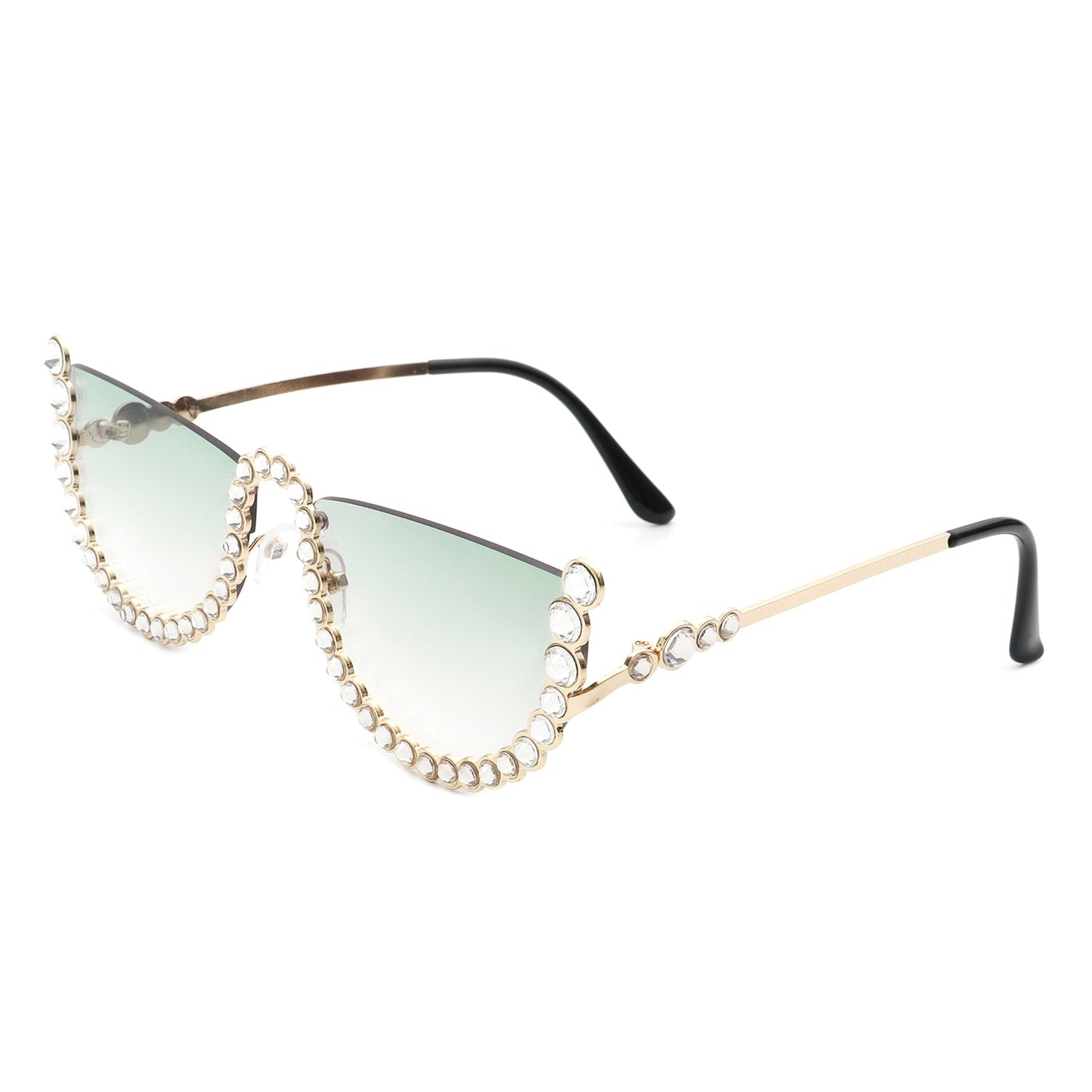 The Florinda Women Half Frame Rhinestone Round Fashion Sunglasses by Cramilo Eyewear feature rhinestones on the frame and temples, available in a golden color.