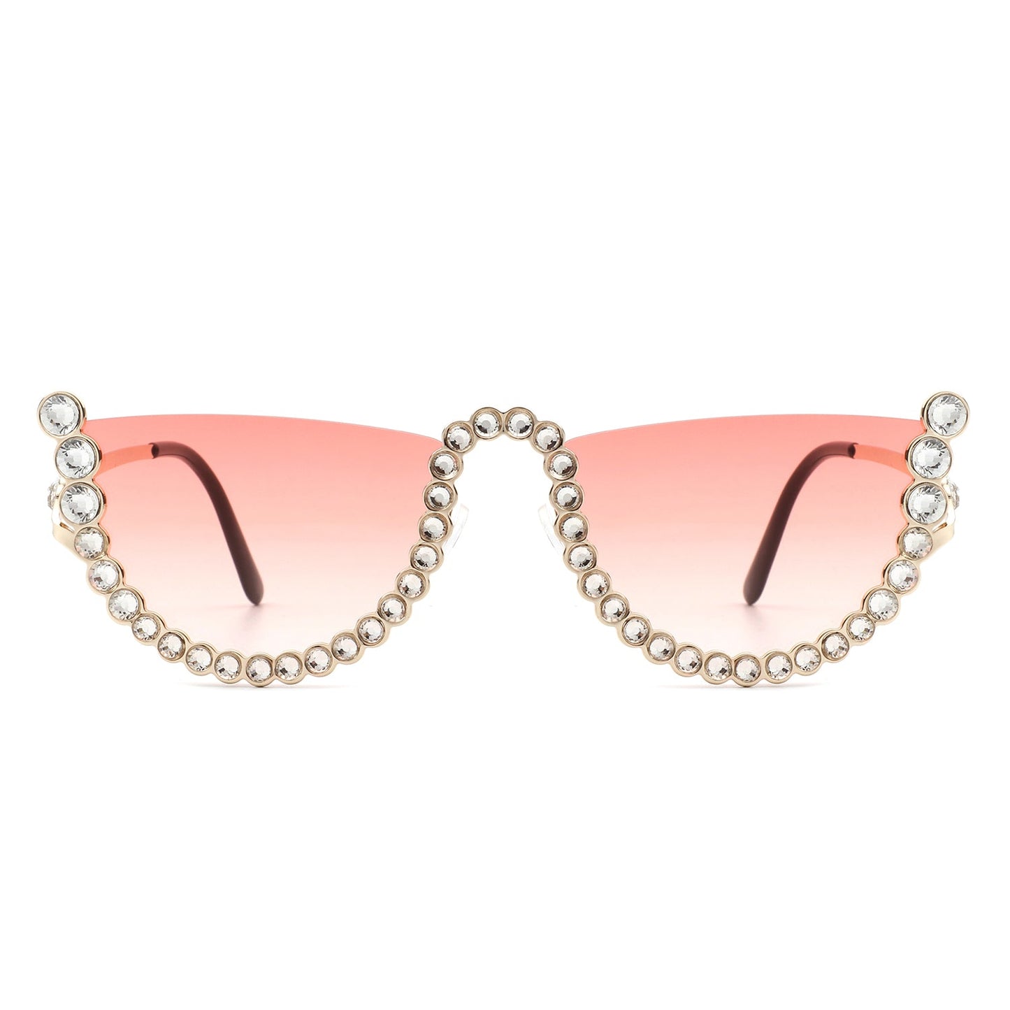 The Florinda Women Half Frame Rhinestone Round Fashion Sunglasses by Cramilo Eyewear feature rhinestones on the frame and temples, available in a golden color.